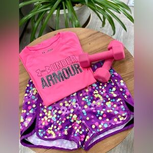 Under Armour Neon Pink Top and Justice Polka Dot Purple Shorts